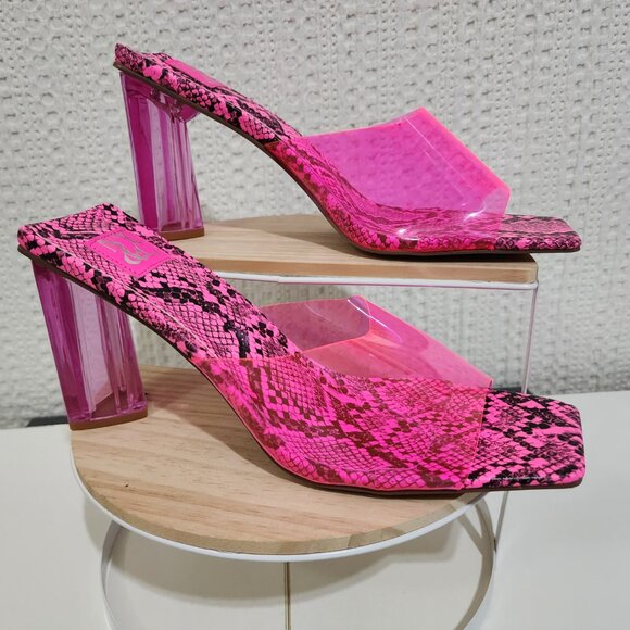 New York and Company Y2K Style Pink Snake-Print Lucite Mule Block Heel Size 10 - Picture 5 of 13
